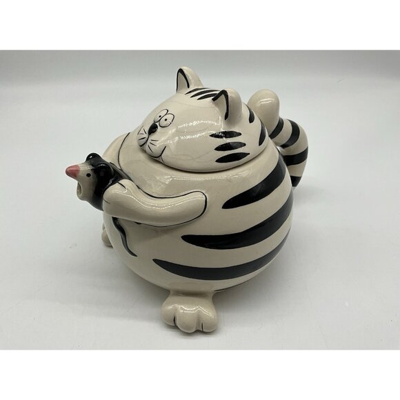 Pier 1 Imports Teapot Chubby Black & White Striped Cat Holding a Mouse as Spout - Picture 8 of 16